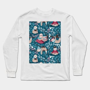Hygge sloth // pattern // teal and red Long Sleeve T-Shirt
